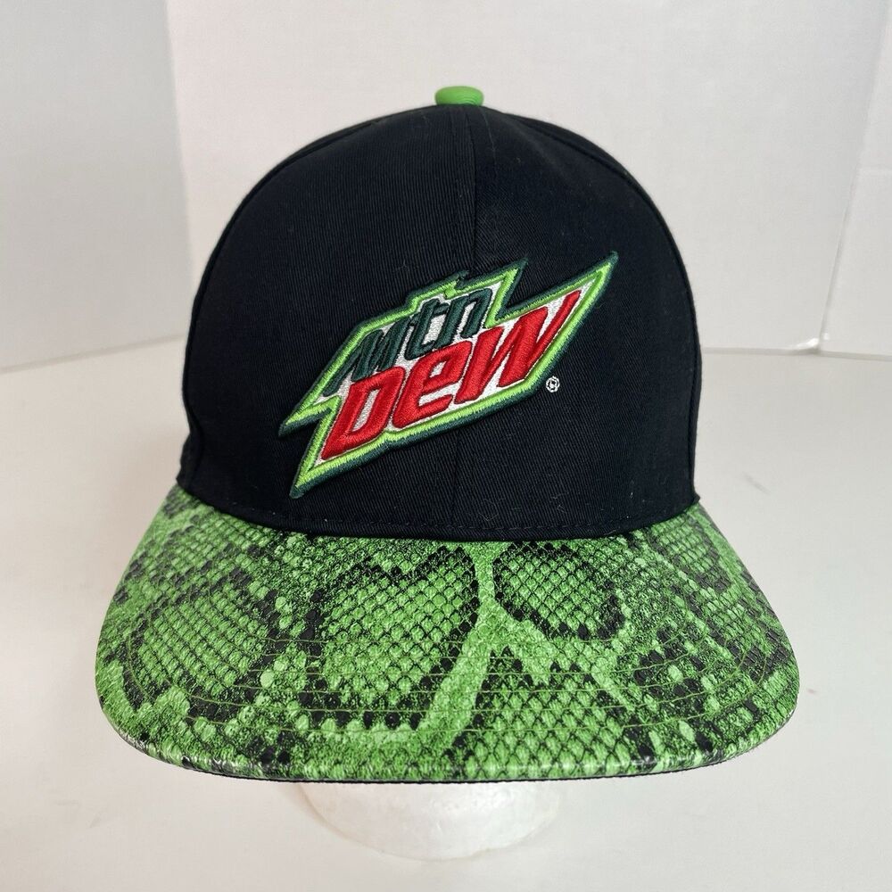 Mountain Dew SnapBack Hat, Black Cap, Green Snake Skin Style Bill,
